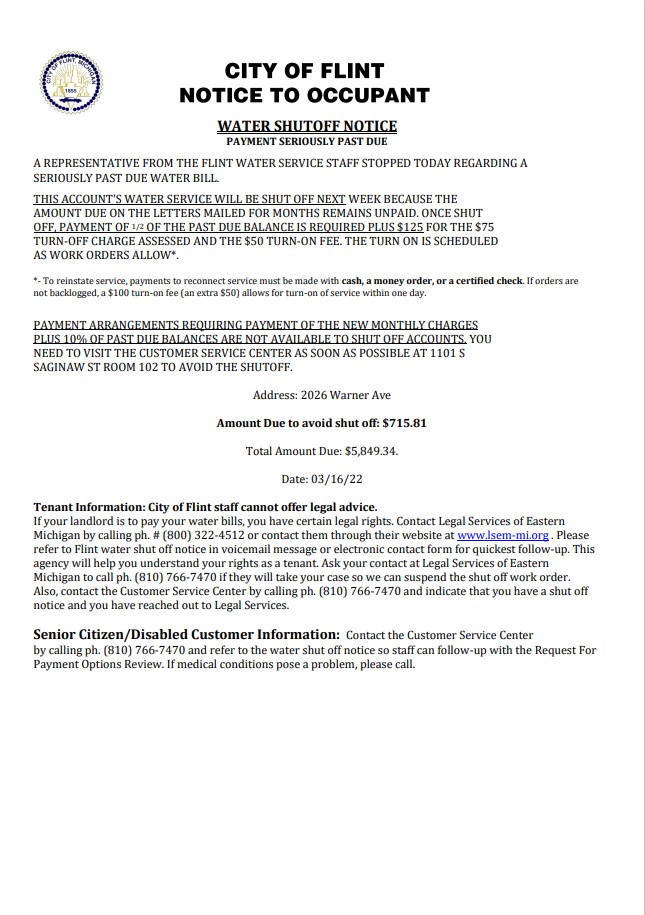 USA City of Flint Michigan Notice to occupant water utility bill shutoff notice, Word and PDF template